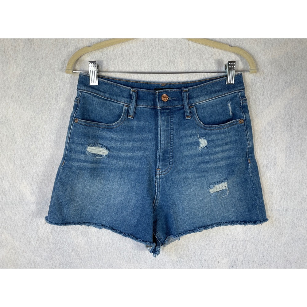 Express Womens High Rise Distressed Mom Shorts Medium Wash Blue Size 6 Raw Hem